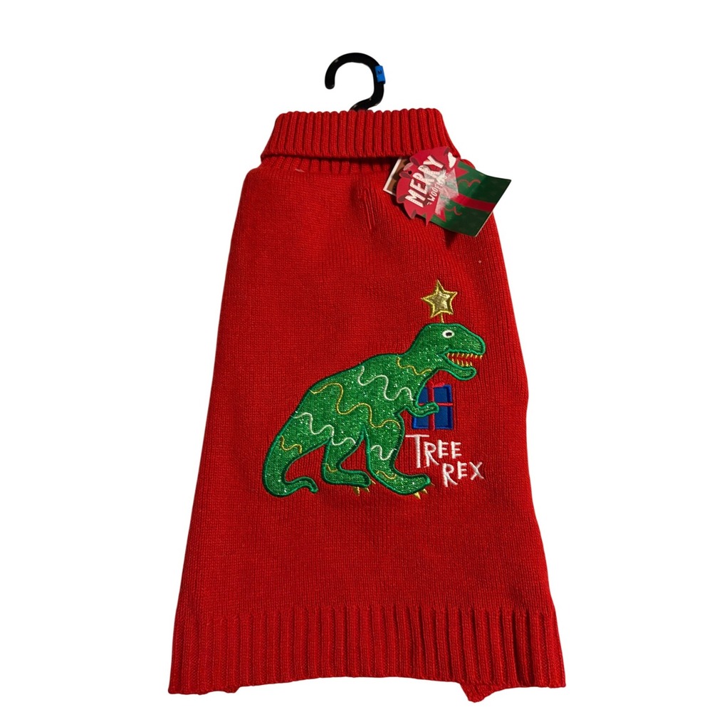 Merry & Woof Red Tree Rex Dinosaur Christmas Dog Sweater Medium NWT